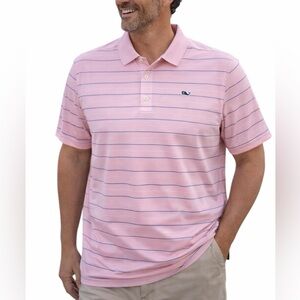 Vineyard Vines Mens L Performance Polo Pink Blue Striped Golf Short Sleeve Shirt